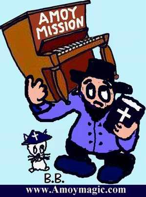 Cartoon of Amoy Missionary with Bible in one hand and piano in the other